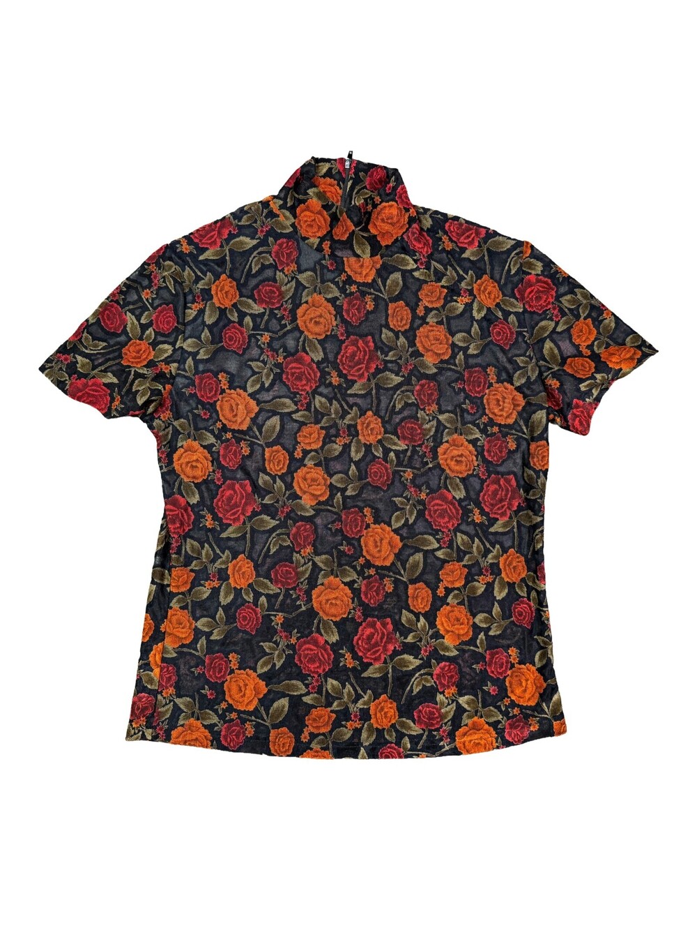 Vintage Susan Lawrence Sheer Mesh Rose Floral Mock Neck Top Womens Medium USA